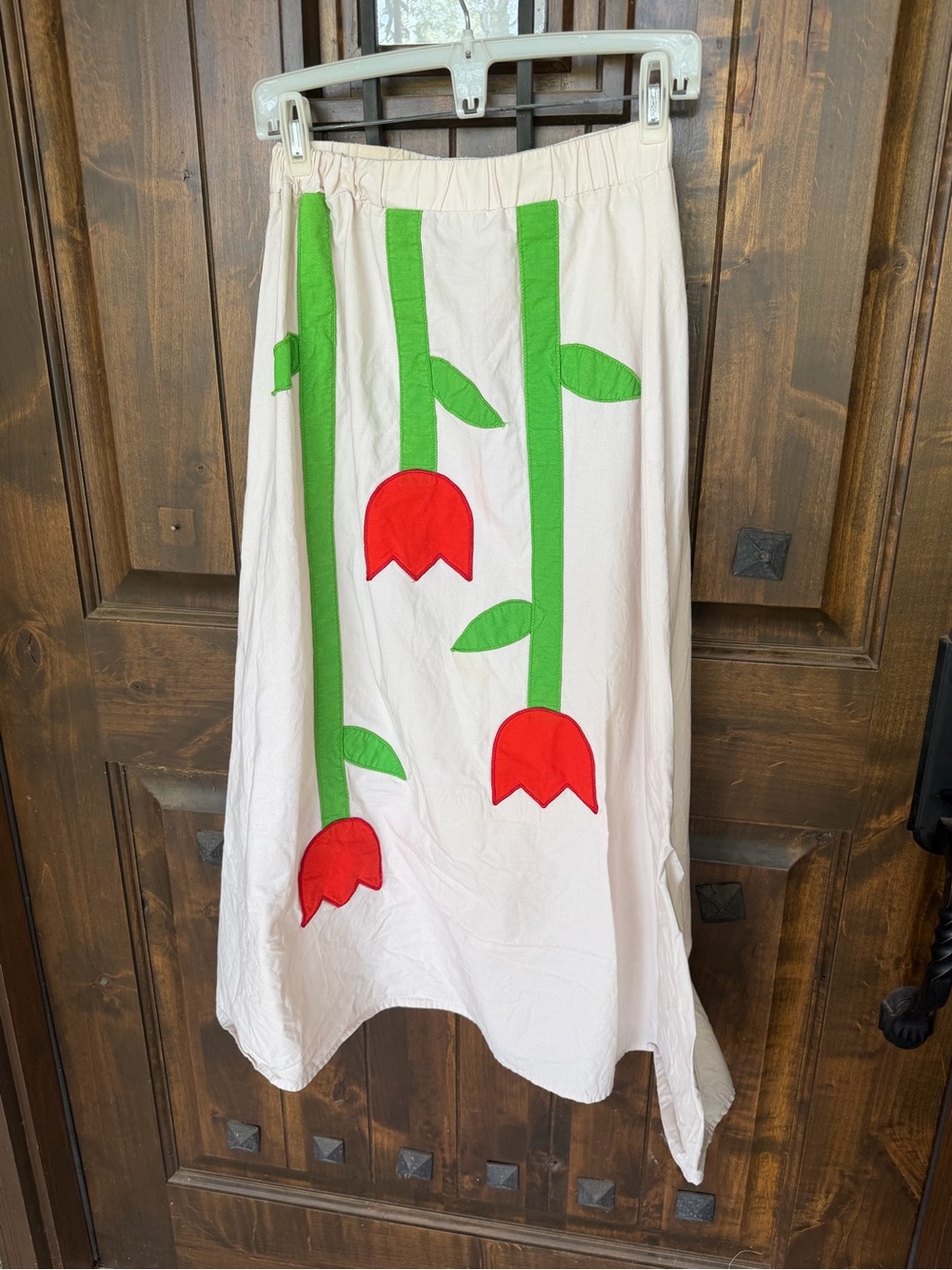 Soybu White Maxi Skirt with Red Tulip Appliqués